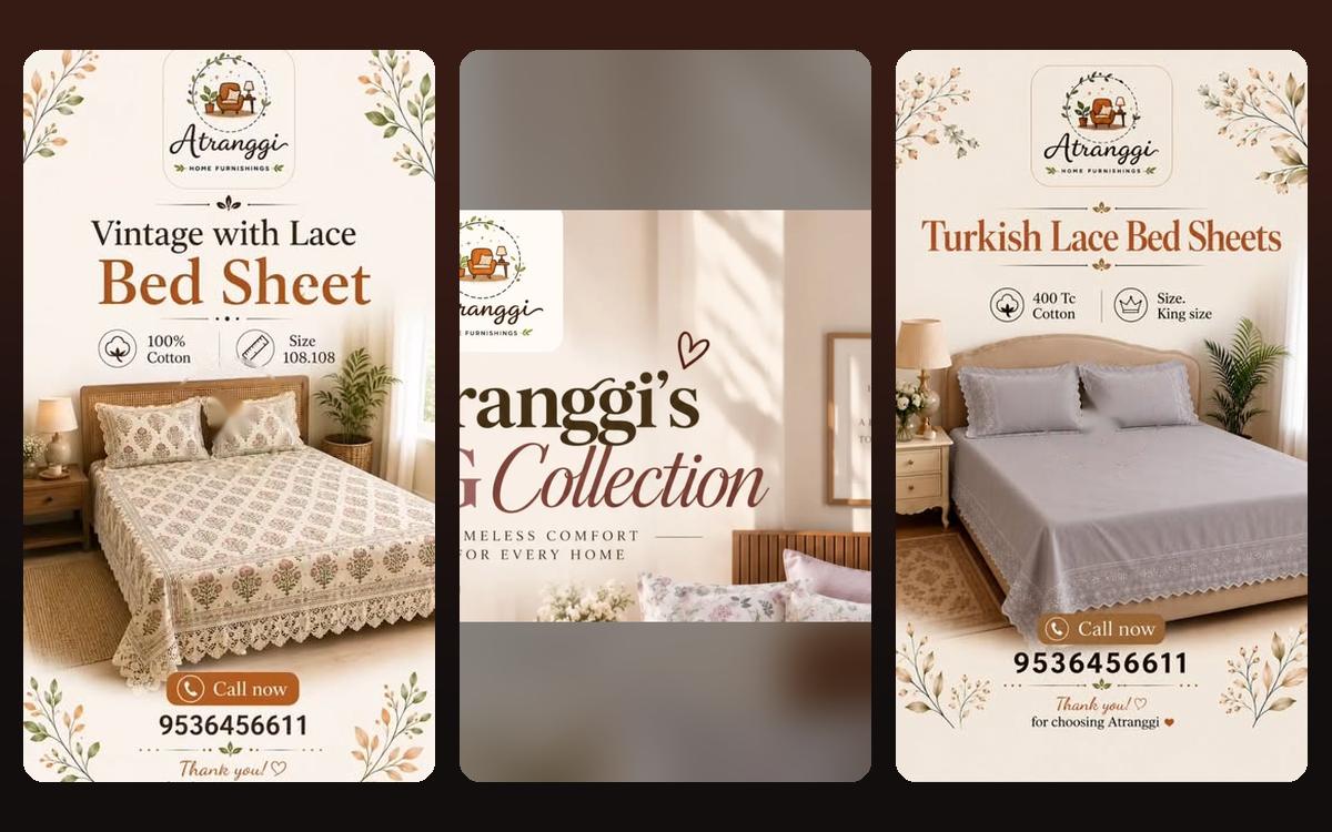 Atranggi Instagram grid: lace bedsheet reel, OG Collection carousel and Turkish lace bedsheet reel in a cream template