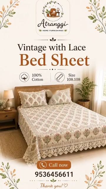 Atranggi reel thumbnail: vintage lace bedsheet on a king-size bed in the cream botanical template with a call-now number