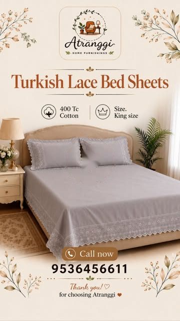 Atranggi reel thumbnail: Turkish lace bedsheet, 400 TC cotton, king size, in the cream botanical template