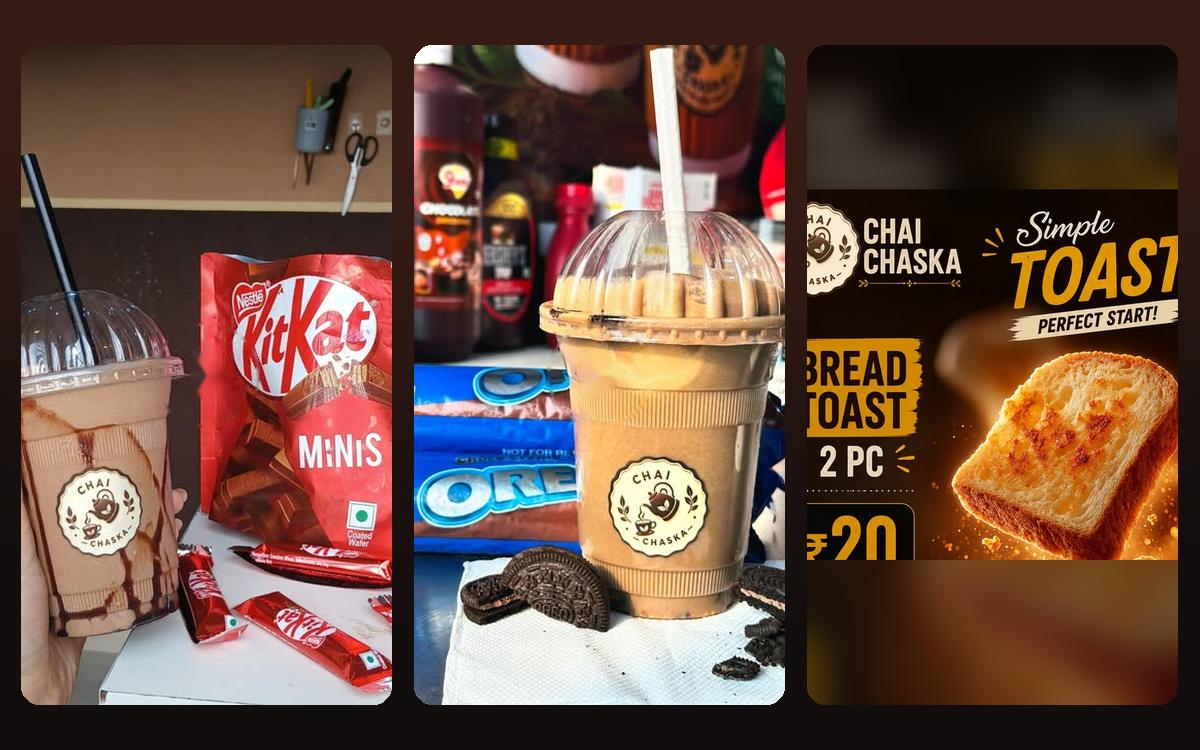 Chai Chaska Instagram grid: KitKat shake reel, Oreo shake reel and a bread toast price creative