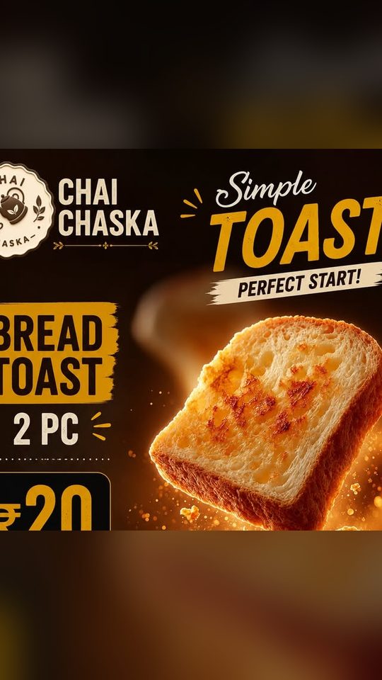 Chai Chaska menu carousel cover: golden bread toast, 2 pieces for ₹20, on a dark brown background