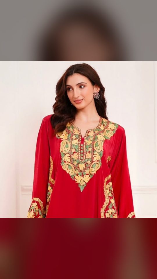 Kashmiri Kali carousel cover: model in a red suit with gold and green Aari embroidery