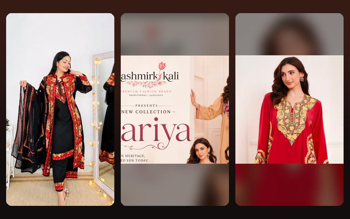 Kashmiri Kali Instagram grid: Rakhi collab reel, Zariya collection launch post and a red Aari-embroidered suit