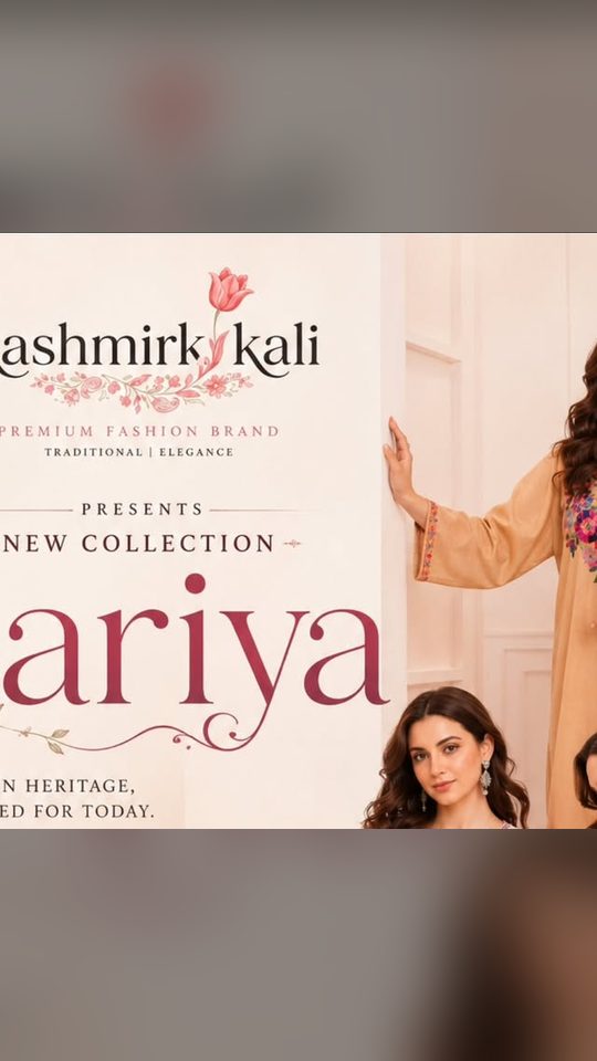 Kashmiri Kali launch post: 'Presents New Collection: Zariya' with the pink floral wordmark and models in embroidered suits