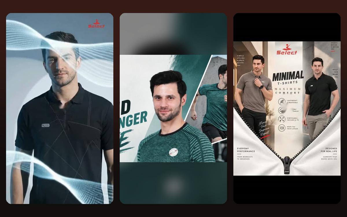 Select Sportswear Instagram grid: premium polo reel, performance tee carousel and minimal T-shirt reel