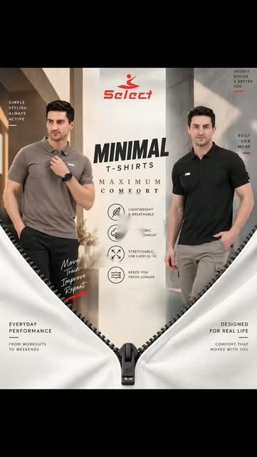 Select Sportswear reel thumbnail: zipper-reveal 'Minimal T-Shirts' creative with comfort feature icons