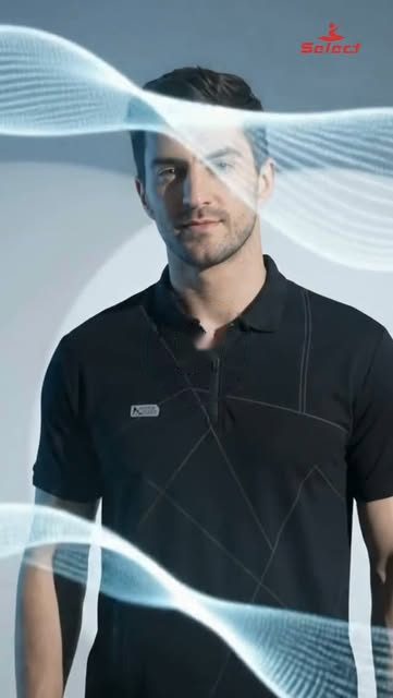 Select Sportswear reel thumbnail: male model in a black premium polo against a light studio backdrop