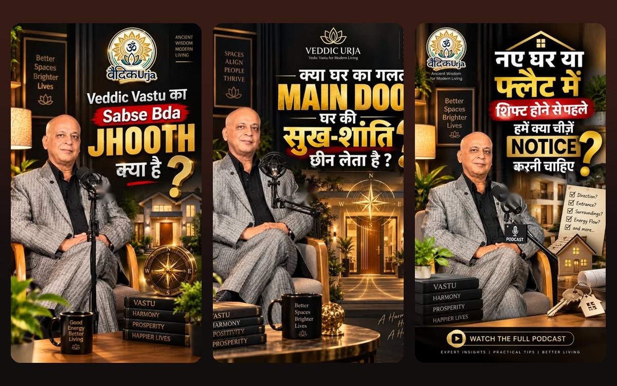 Veddic Urja Instagram grid: Vastu podcast-clip reels with bold Hindi headlines