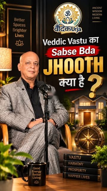Veddic Urja reel thumbnail: consultant Ssoni Goel at a podcast mic with the Hindi headline 'Veddic Vastu ka sabse bada jhooth kya hai?'