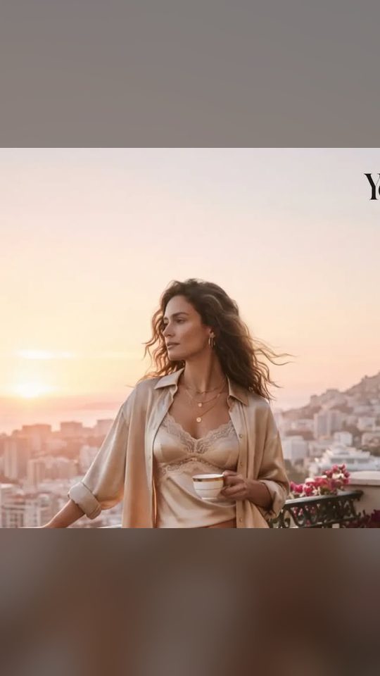 Yosheno post: model in a beige loungewear set with a city view at sunset