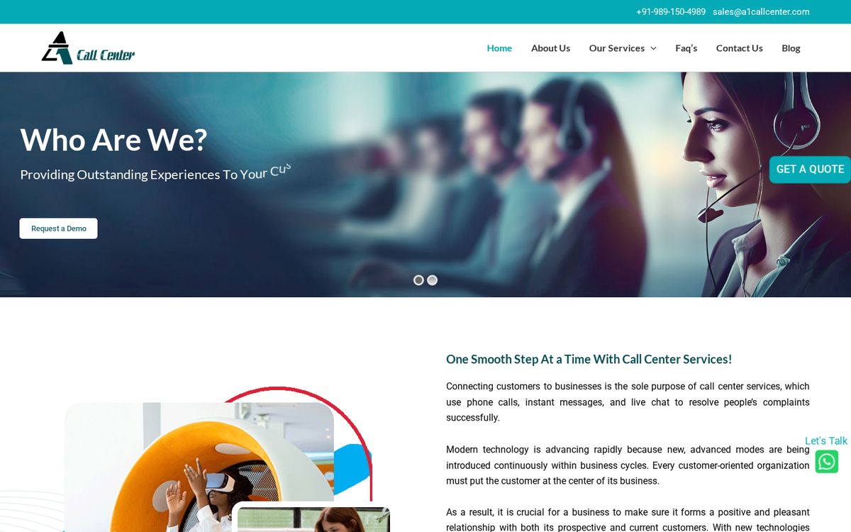 A-1 Call Center website on desktop: homepage first screen