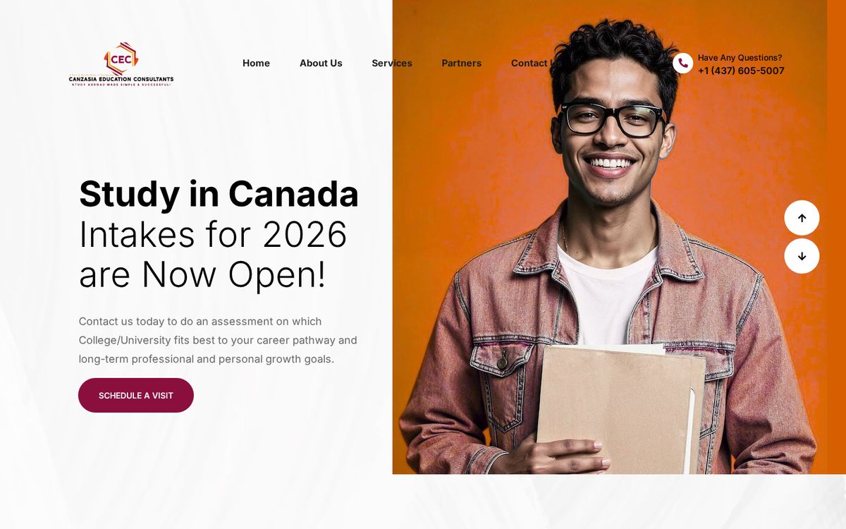 Canzasia Education website on desktop: homepage first screen