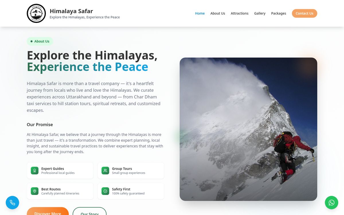 Himalaya Safar website on desktop: homepage section below the first screen