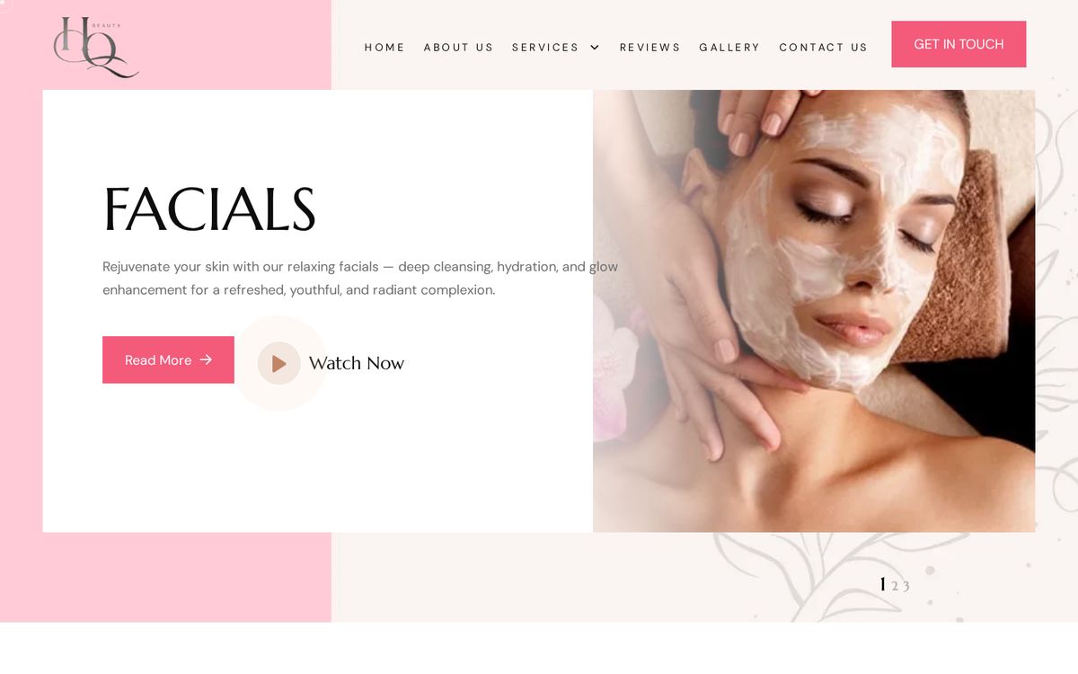 HQ Beauty & Threading website on desktop: homepage first screen