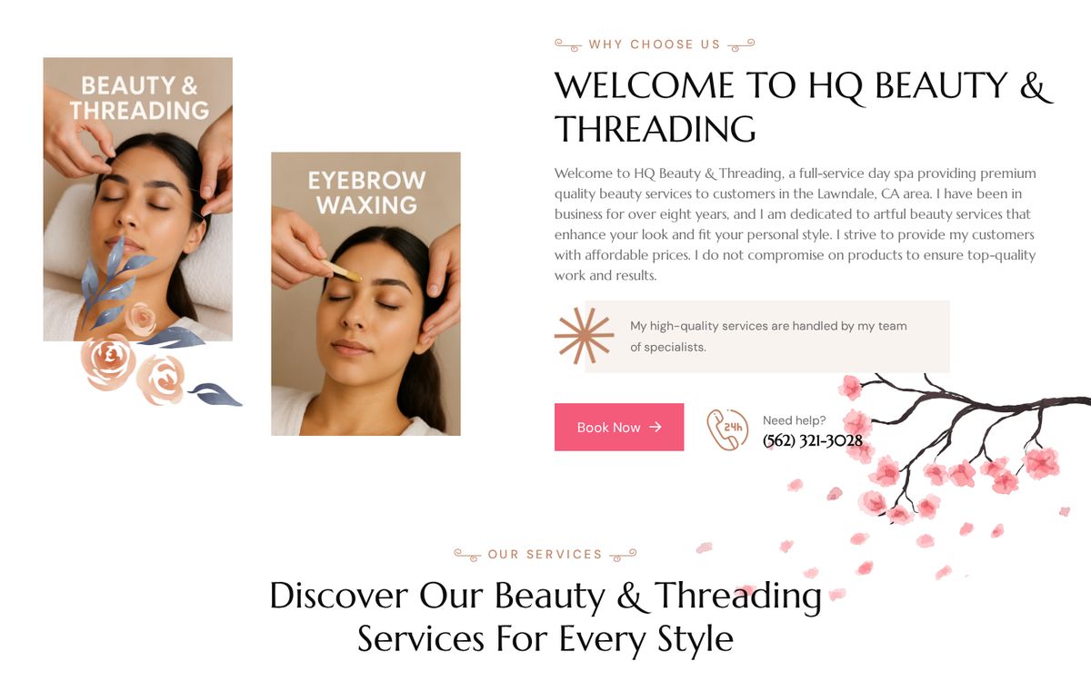 HQ Beauty & Threading website on desktop: homepage section below the first screen