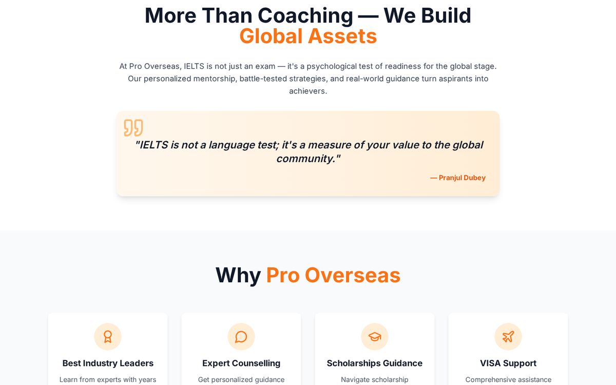 Pro Overseas website on desktop: homepage section below the first screen