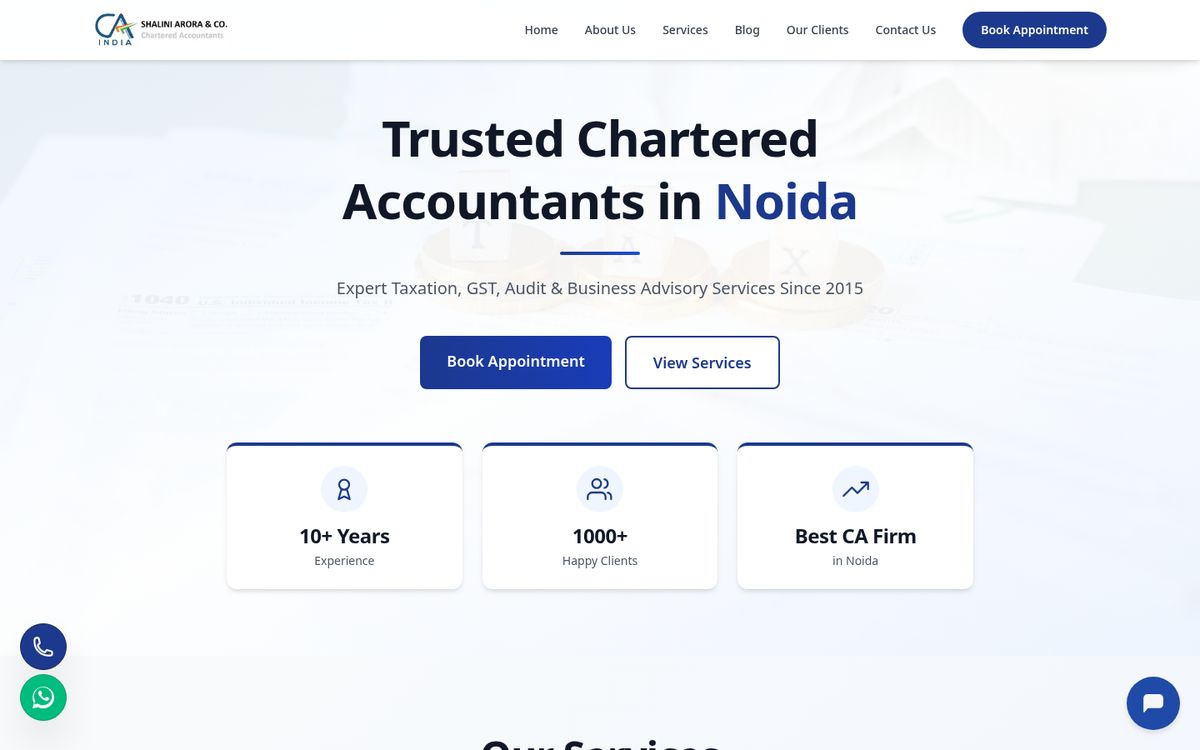 Shalini Arora & Company website on desktop: homepage first screen
