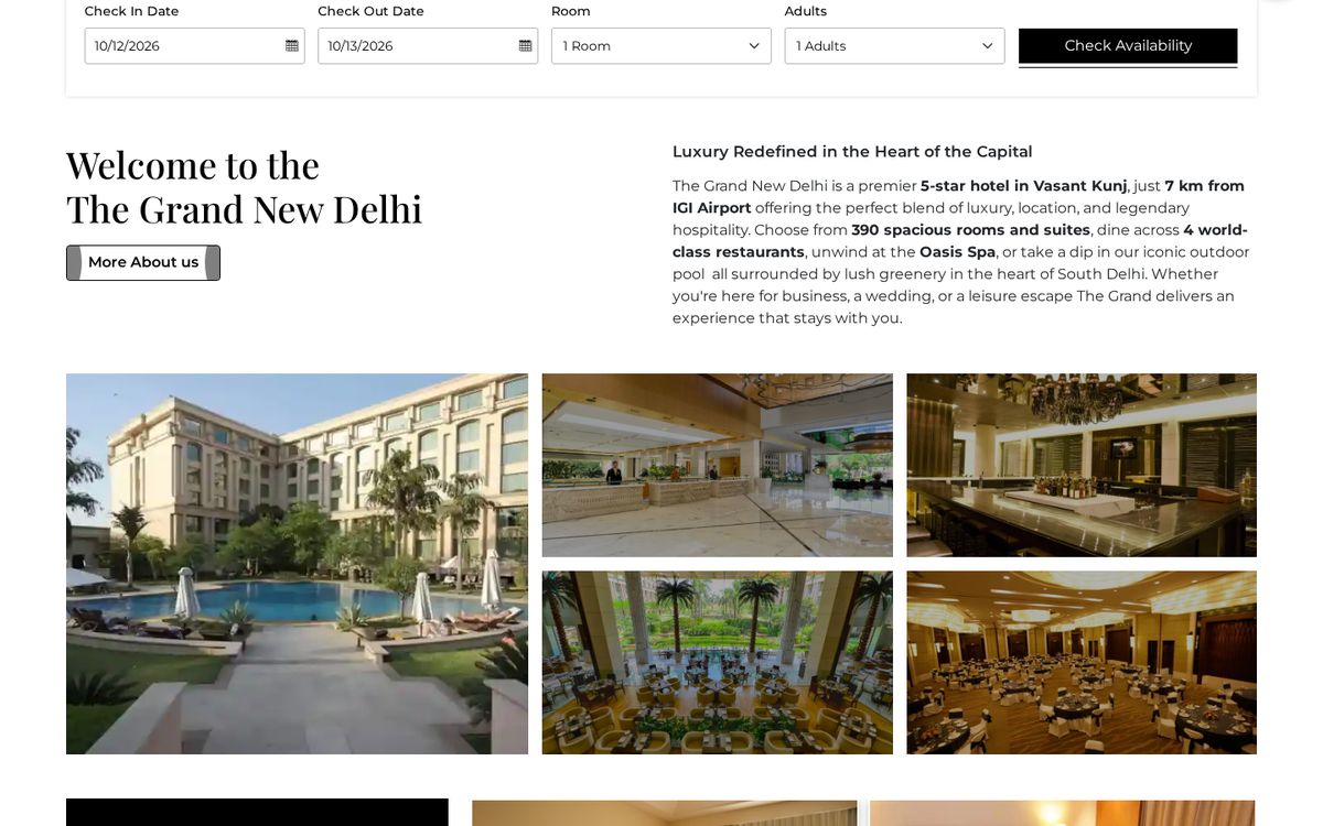 The Grand New Delhi website on desktop: homepage section below the first screen