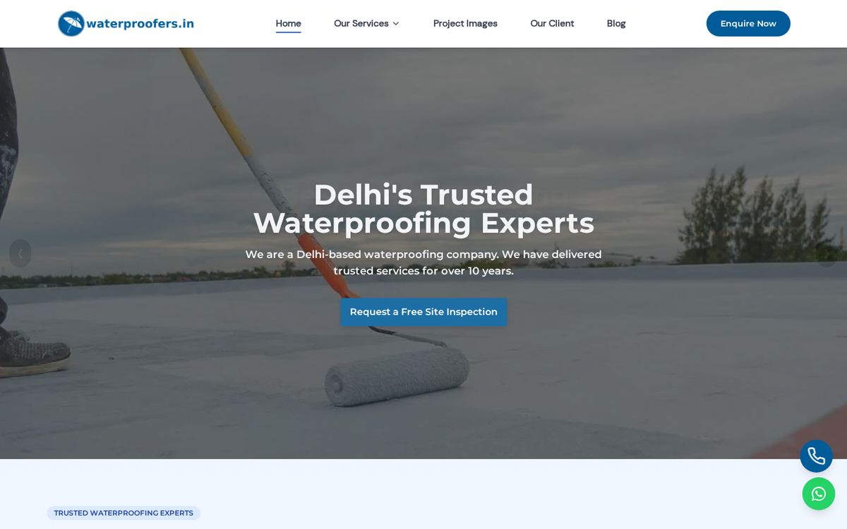 Water Proofers website on desktop: homepage first screen