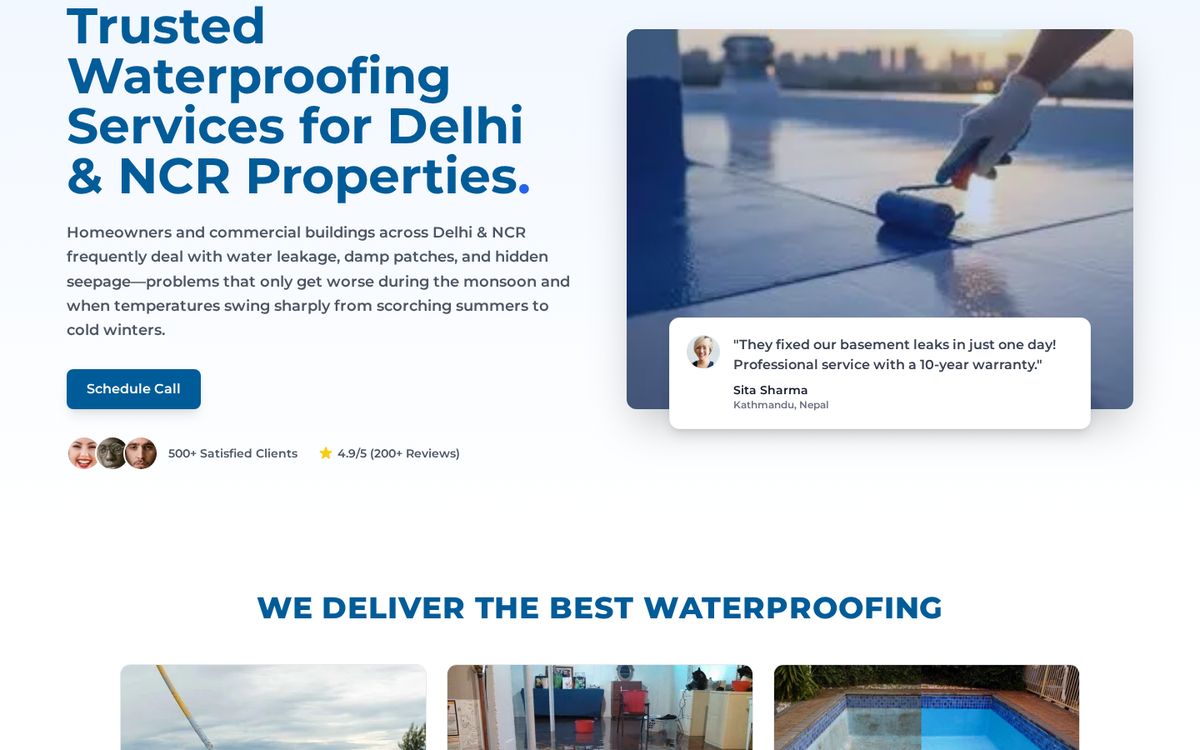 Water Proofers website on desktop: homepage section below the first screen