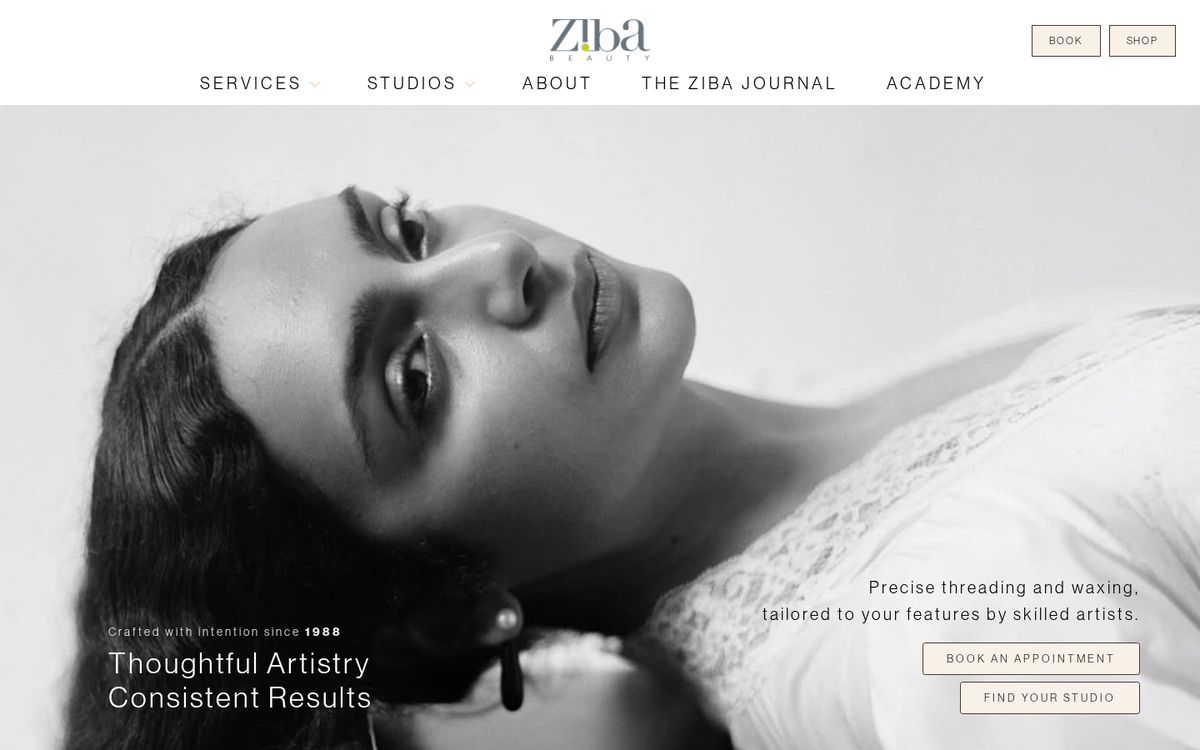 Ziba Beauty website on desktop: homepage first screen