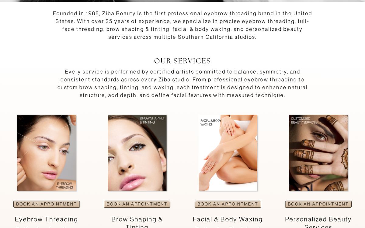 Ziba Beauty website on desktop: homepage section below the first screen